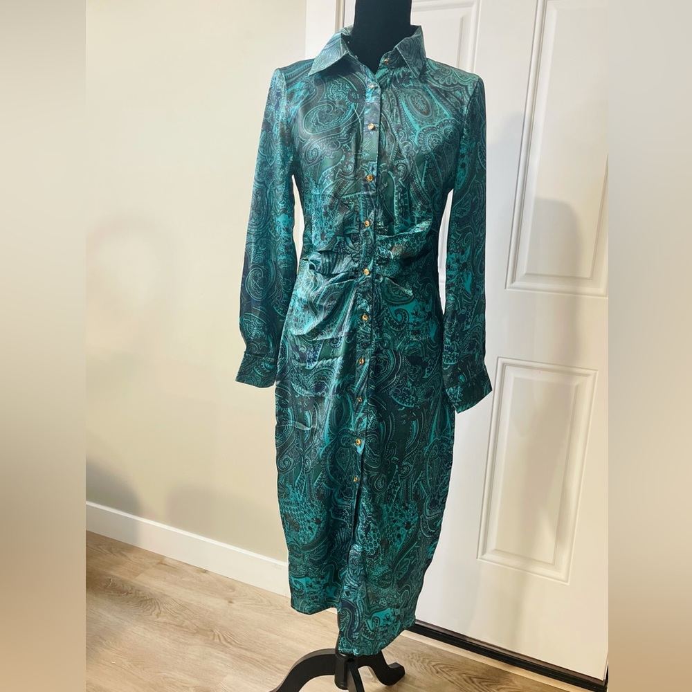 Turquoise printed silk fabric dress, size M